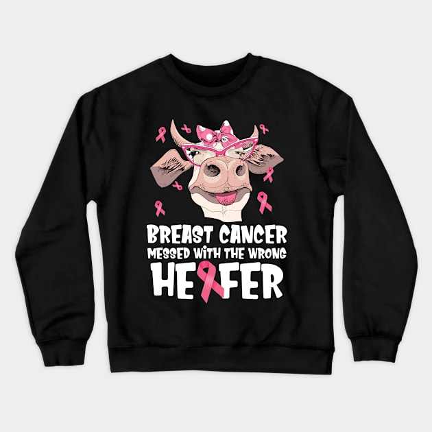 In October We Wear Pink Ribbon Cute Cow  Breast Cancer Month Crewneck Sweatshirt by Gendon Design